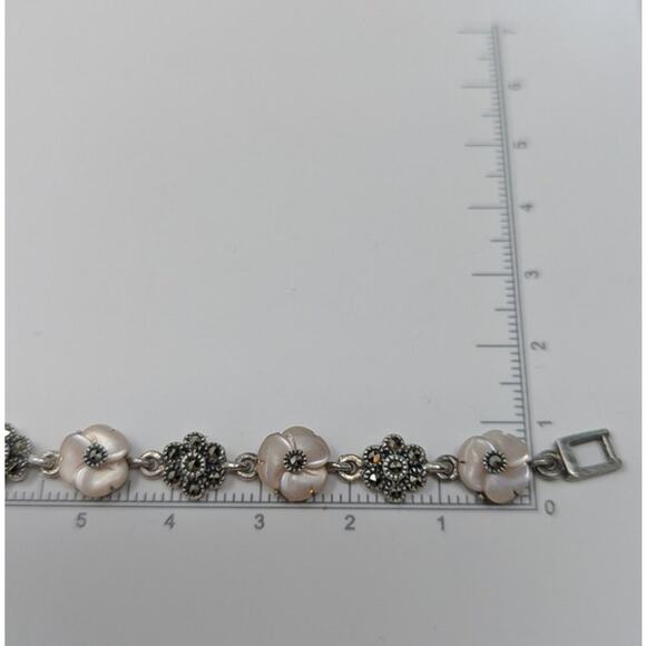 Sterling Silver & Mother of Pearl Marcasite Floral Bracelet – 8", 14.57g - Picture 3 of 4